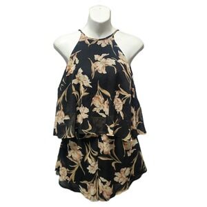 Audrey 3+1 Womens Small Romper Sleeveless Sheer Tie Neckline Elastic Waist Black